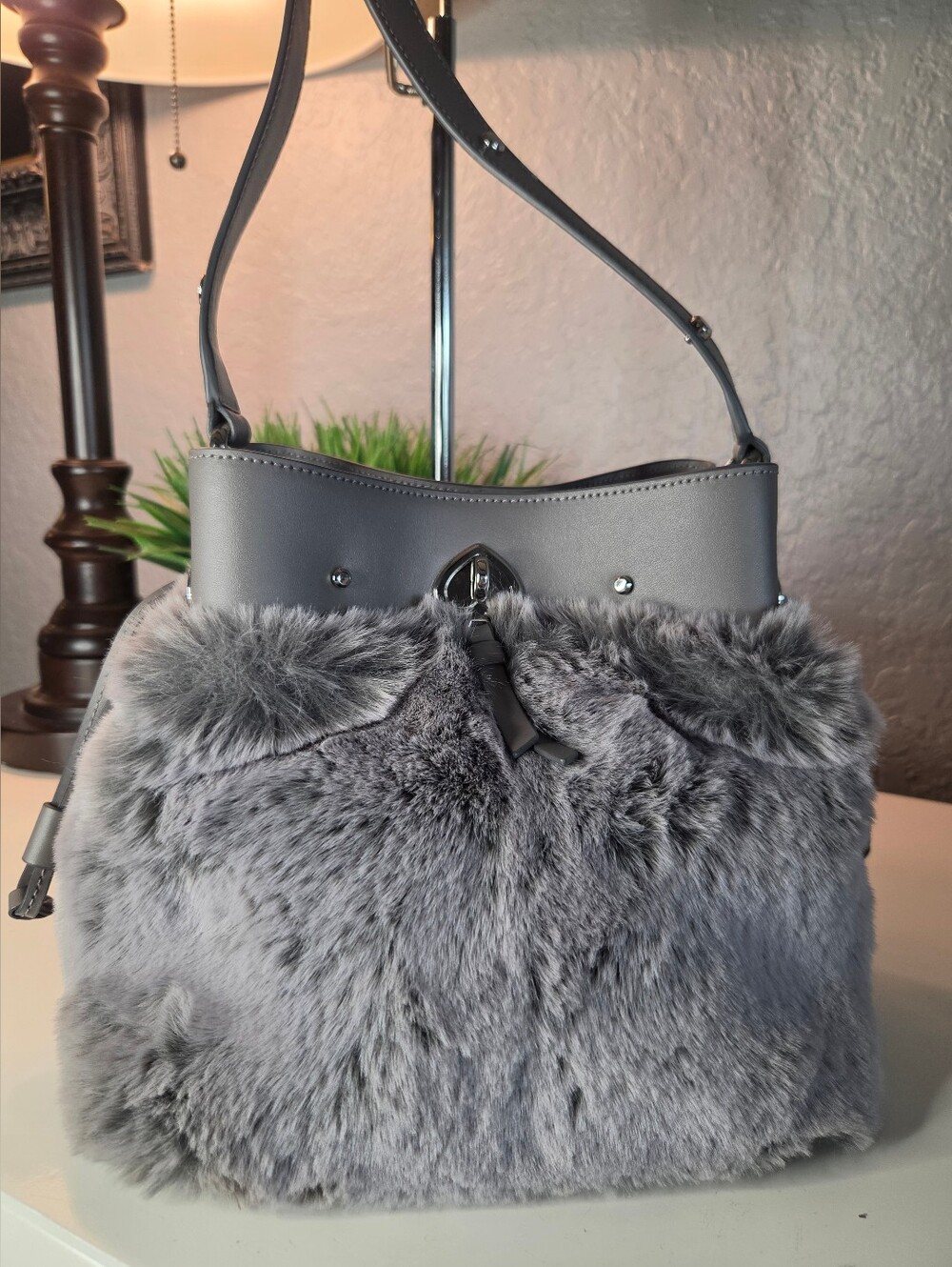 Kate Spade Marti Faux Fur Small Bucket Bag Grey Cat Excellent Condition
